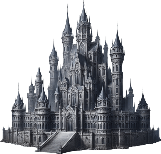 A grey fantasy castle.
In-Game asset. 2d. Transparent background. High contrast. No shadows.