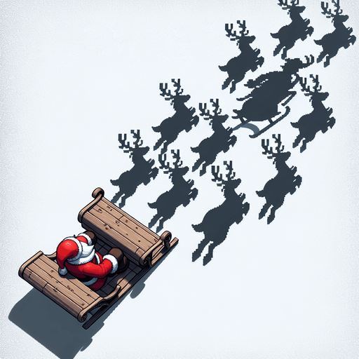 Santa on sleigh pulled by reindeer blank background no shadows flying forward away straight top down Single Game Texture. In-Game asset. 2d. Blank background. High contrast. No shadows.