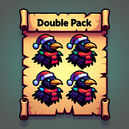 a pergament letter with the name "double pack". It has two evil smiling ravens with christmas hats and colorful scarves. vertical. Single Game Texture. In-Game asset. 2d. Blank background. High contrast. No shadows.