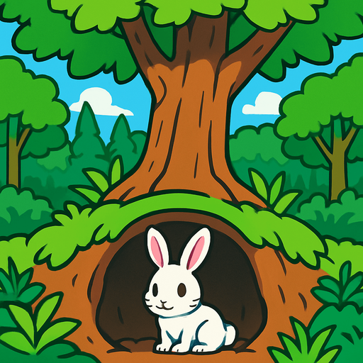 gambar 2d anime kelinci hare menunggu dalam lubang tanah di bawah pohon dalam hutan.
In-Game asset.  2d.  High contrast.  No shadows