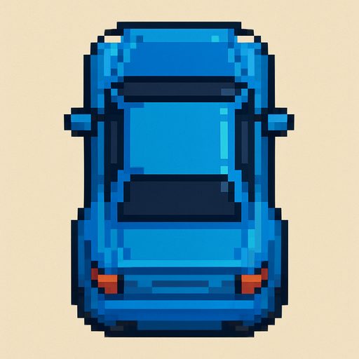 Pixel art mavi araba kuş bakışı.
In-Game asset.  2d.  High contrast.  No shadows