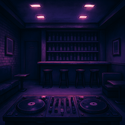semi-realistic comic book style, moody neon lighting, lo-fi urban atmosphere, rich textures, cinematic framing, purple and blue tones, soft gradients, ambient reflections