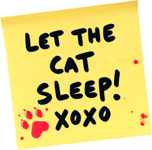 yellow stickyNote with
 "Let the cat sleep!
Xoxo!" text and a red-stain.