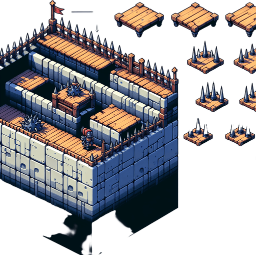 A spritesheet in sideperspectie showing various platform for a platformer game, some of them with medieval spilketraps or sets of spiked pallisades..
Single Game Texture. In-Game asset. 2d. Blank background. High contrast. No shadows.