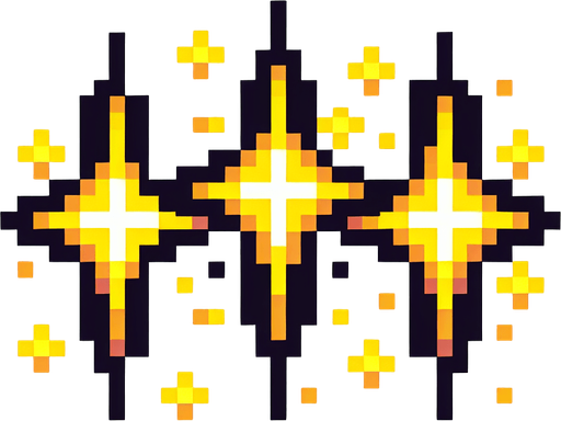 3 yellow sparkles, pixelart, no background
Single Game Texture. In-Game asset. 2d. High contrast. No shadows.