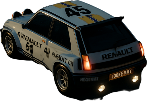 Photorealistic RENAULT Rallycar in nightlight, drone topview from back and 45 degrees angle in top right corner.