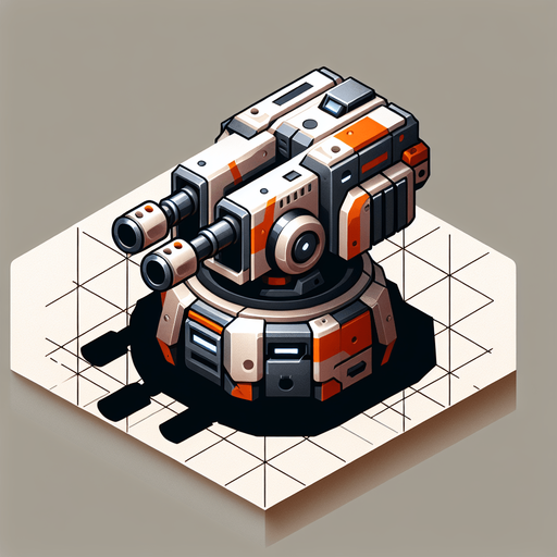 turret.
Single Game Texture. In-Game asset. 2d. Blank background. High contrast. No shadows.
less futuristic orange and silver colored shoots normal bullets two rifles