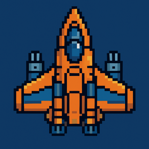 Una nave espacial futurista mirada desde arriba en pixel art.
In-Game asset.  2d.  High contrast.  No shadows
