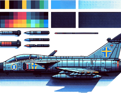 Pixel art of a Saab Viggen, the Swedish fighter jet..
Single Game Texture.  In-Game asset.  2d.  Blank background.  High contrast.  No shadows