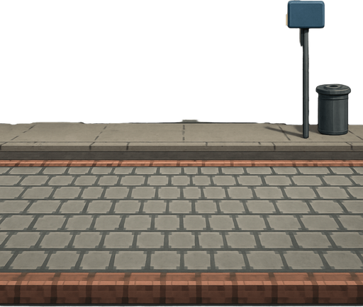 A realistic urban background with a pixel art style sidewalk. The pavement should clearly show pixelated texture and structure, resembling retro pixel art, while the rest of the scene maintains a more detailed or semi-realistic look..
In-Game asset.  2d.  High contrast.  No shadows