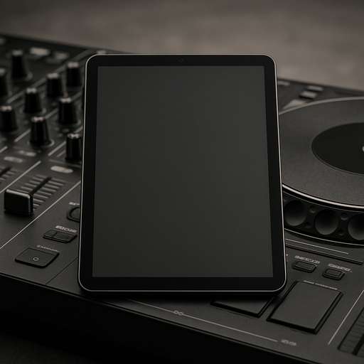 photorealistic grey Tablet lying down on dj deck, front view. The screen should be dark monocrome screen in power of mode without text.