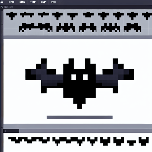 8-bit pixelated dark bat stylized icon shaped throwing ninja star on a spritesheet containing multiple stages of the bat flapping it's wings up and down.
Single Game Texture. In-Game asset. 2d. Blank background. High contrast. No shadows.