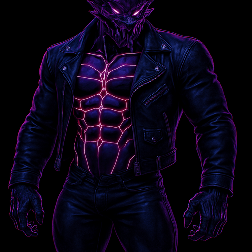 Black leather biker jacket longsleeves bare segmented neon cyberpunk pecs abs muscles robot monster hunk