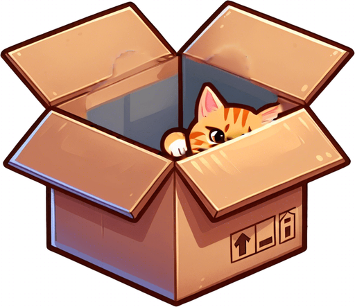 cute Chibi ginger cat look from the box into the camera. Cheeky, happy.