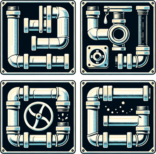 Create four perfectly square tiles, each featuring ONE VERY SIMPLE segment of water pipe for a puzzle video game:
Straight Pipe: One tile should feature a straight pipe segment with an entrance on the right side center and an exit on the left side center.
Corner Pipe: One tile should display a corner pipe segment with an entrance on the right side center and an exit at the top center.
Half Pipe with Valve: One tile should include a half pipe segment with an entrance on the right side center and a valve located at the center of the pipe.
Half Pipe with Bend:One tile should depict a half pipe segment with an entrance on the right side center, bending at the center towards the back (away from the viewer).