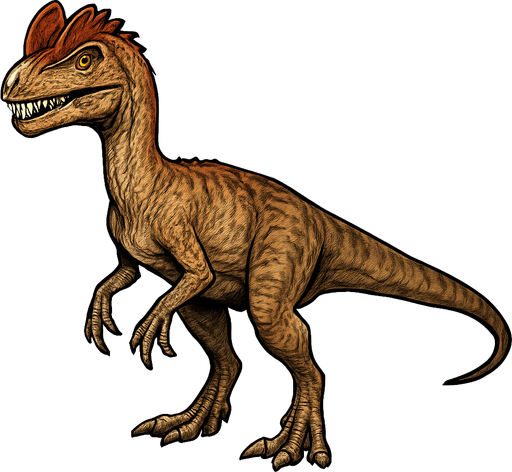 A medium-sized Dilophosaurus dinosaur in a standing pose on a transparent background. It has a slender body with light brown and tan scales, featuring distinctive paired crests on top of its head colored in reddish hues. The head is elongated with sharp teeth visible in a slightly open mouth. Its limbs are muscular with sharp claws, and the tail is long and straight. The skin texture shows a mix of small scales and patches of rougher skin, giving a realistic predatory look..
In-Game asset.  2d.  High contrast.  No shadows