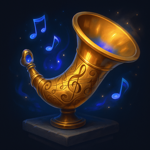 Create a detailed fantasy icon of a War Horn designed for a musical-themed tower defense game set in a haunted concert hall.

The horn should be ornate and elegant, resembling a mix between a classical brass instrument (like a French horn or trumpet) and a battle horn.

Crafted from polished brass or gold, with engraved musical symbols (clefs, notes, or swirling staff lines) along its surface.

The mouthpiece and flared bell should look slightly exaggerated, magical, or ceremonial.

Add glowing accents (blue, violet, or gold) or floating music notes around it to suggest it's enchanted.

The horn may rest on a pedestal, float slightly, or face outward ready to be sounded.

Background should be minimal or transparent. Icon must be square (256×256 or 512×512), clean and readable at small sizes.
Style: elegant fantasy UI, semi-realistic digital painting, matching the orchestral theme of the game..
In-Game asset.  2d.  High contrast.  No shadows