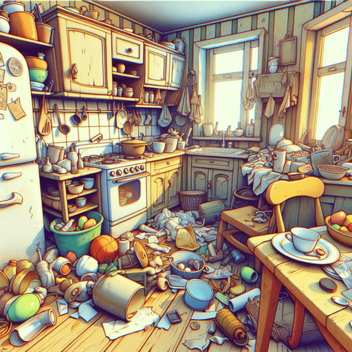 dağınık bir mutfak, odanın içinden görünüm. 3d renkli anime, çizgi film