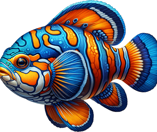 A realistic mandarinfish.
Single Game Texture. In-Game asset. 2d. Blank background. High contrast. No shadows.