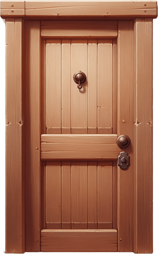 Uma Porta de madeira para frente com machaneta marrrom..
Single Game Texture. In-Game asset. 2d. Blank background. High contrast. No shadows.