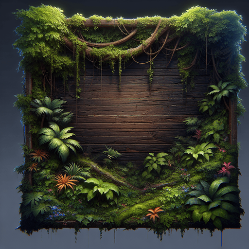 A dark wooden message board with vines and jungle moss growing on top..
Single Game Texture. In-Game asset. 2d. Blank background. High contrast. No shadows.