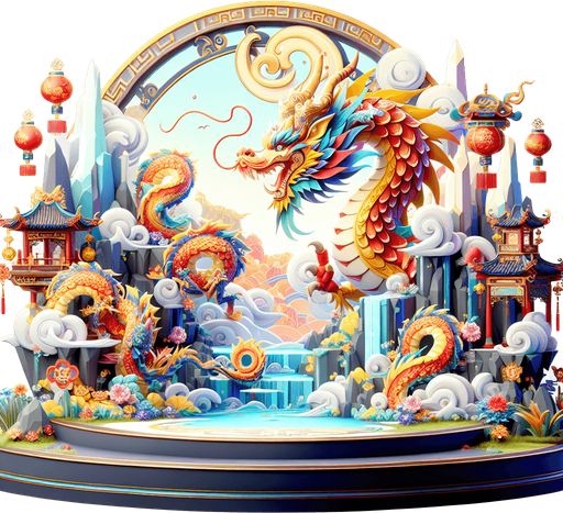 Chinese new years, magical landscape, year of the dragon.
Single Game Texture. In-Game asset. 2d. Blank background. High contrast. No shadows.