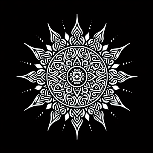 plain white intricate sun icon. black background