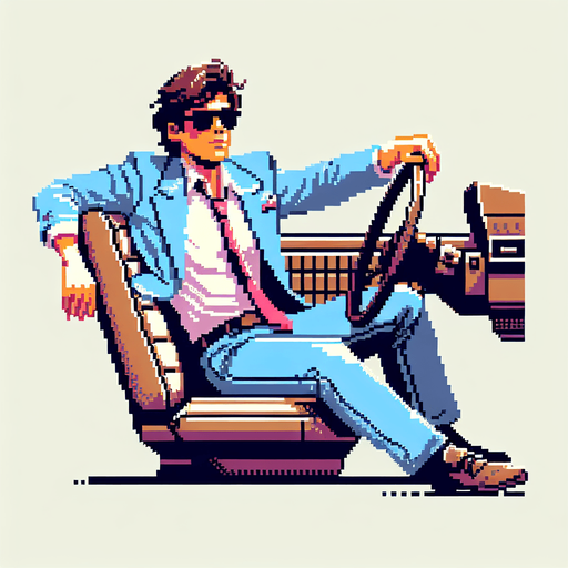 pixel art image of a 30-year-old cool-looking driver guy in a vintage retro 1980s style, depicted in a 3/4 view. The driver should be leaning back casually, exuding confidence and style, with one hand on the wheel as if driving. Single Game Texture. In-Game asset. 2d. Blank background. High contrast. No shadows.