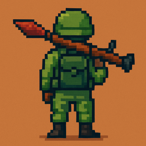 Militar de espalda, derecho , rpg, pixelart.
In-Game asset.  2d.  High contrast.  No shadows
