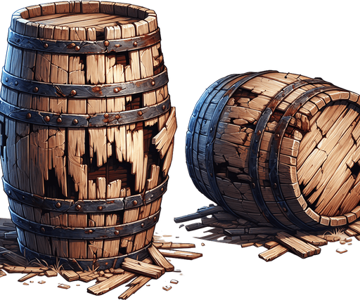 western destroyed barrel.
Single Game Texture. In-Game asset. 2d. Blank background. High contrast. No shadows.