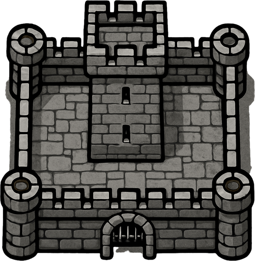17. century tower castle square shaped 1x1 medeval military base,grey coloured top-down look , simple design, medieval-semirealistic..
In-Game asset.  2d.  High contrast.  No shadows