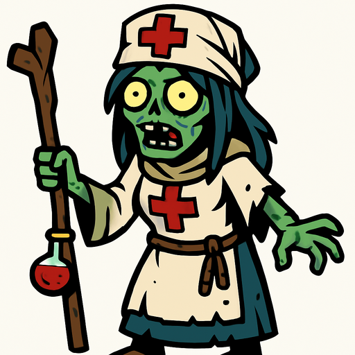 2D. Healer zombie. Like a female zombie in a healer costume..
In-Game asset.  2d.  High contrast.  No shadows