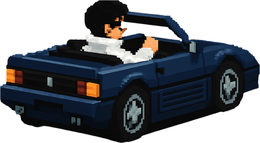 The hair color of the driver is black and he wears a futuristic white jacket. The car is dark blue
