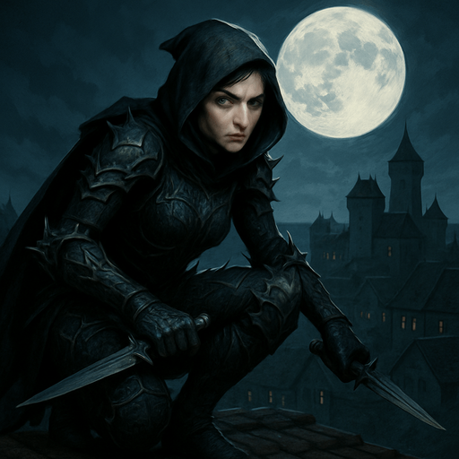 A fierce assassin in obsidian armor and a hooded cloak, crouched on a rooftop under the moonlight. Female, 33 years old, lean and deadly, short jet-black hair, piercing ice-blue eyes, pale porcelain skin. Her armor is adorned with thorn motifs. A poisoned dagger in each hand. Background shows a quiet castle town below. Realistic, highly detailed, stealthy night-time mood. reaalistic.
In-Game asset.  2d.  High contrast.  No shadows