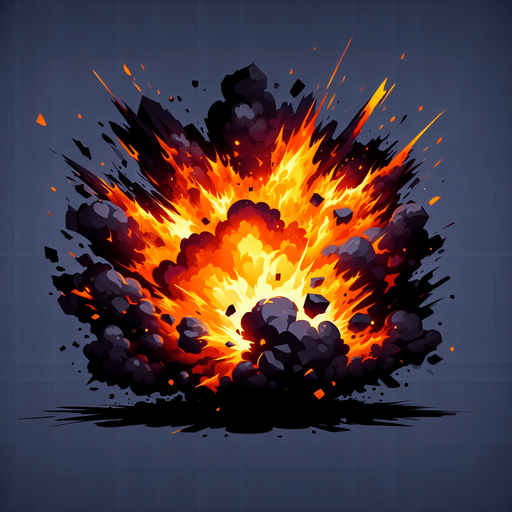 fire explode with piece of black steel.
Single Game Texture.  In-Game asset.  2d.  Blank background.  High contrast.  No shadows