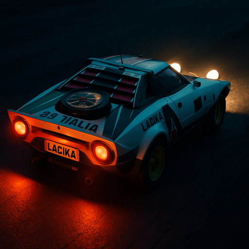 Photorealistic Lancia Stratos Rallycar in nightlight, drone topview from back and 45 degrees angle in top right corner. Replace Lancia to Lacika and Alitalia to All Italia
