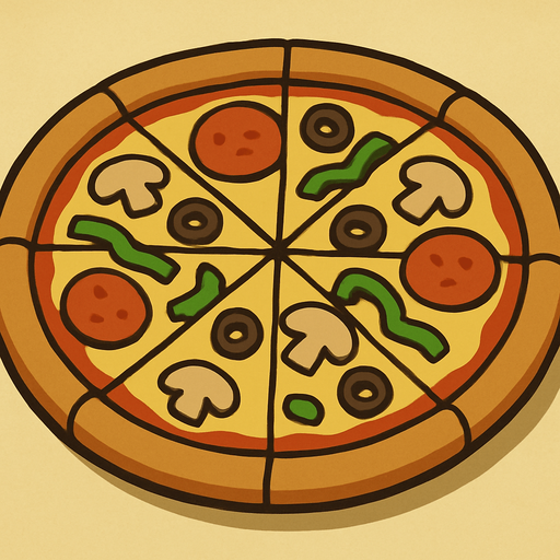 Pizza in professor Layton game style artwork.
In-Game asset.  2d.  High contrast.  No shadows