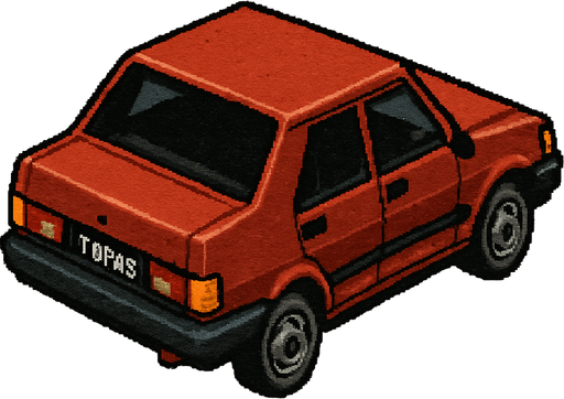 Tofaş turkish car, seen from behind 45 degree to the right

Top-down, gta2, Single Game Texture. In-Game asset. 2d. Blank background. High contrast. No shadows.isometric