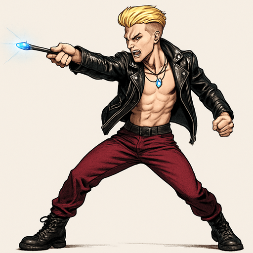 Cyberpunk manga man blonde undercut pompadour shiny black leather biker jacket longsleeves shirtless thin abs pecs necklaces gemstone tipped wand side profile view, action shot wand pointed straight in front arm extended wand casting spell feet planted, standing upright fierce fashion pose animation blonde undercut pompadour, vampire fangs, wine red joggers, combat boots, Background removed, "Full-body character, entirely in frame, no cropping of face, head, or feet" "Complete character visible, from head to toe, fully centered in the image" "Entire character, including face and shoes, fully within the frame" Character fully contained within a square frame, no edges cut off,