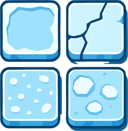 Generate a 2D sprite sheet arranged in a 2x2 grid, featuring game tiles of stylized arctic ice for a mobile game. The art style should be a clean vector illustration with flat colors and high contrast, suitable for a top-down, bird's-eye view. There should be no shadows.
The sprite sheet must show 4 distinct variations of an ice tile, each with a different surface appearance:.
In-Game asset.  2d.  High contrast.  No shadows