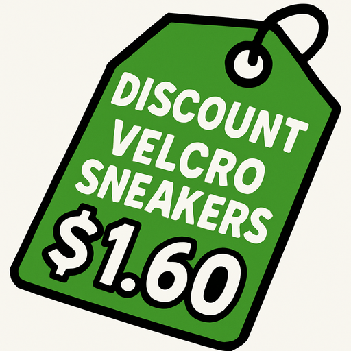 Green pricetag that says discount Velcro sneakers $1.60.
In-Game asset.  2d.  High contrast.  No shadows