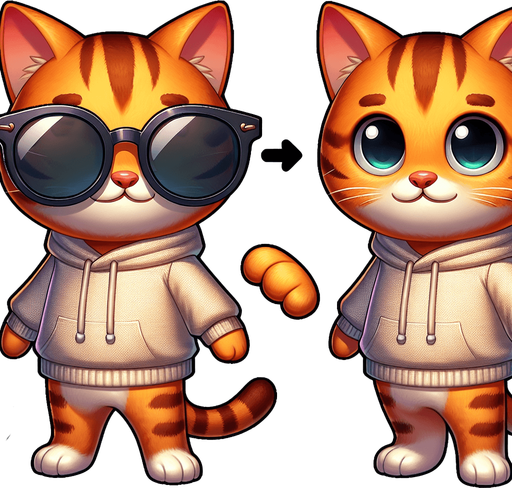 The character in the image, a cartoon-style orange tabby cat with striking stripes, momentarily shifts its relaxed posture. Its round face, partially obscured by oversized, round, dark opaque sunglasses, suddenly animates with a hint of movement. From its small, cute, and chubby body clad in a simple, light-colored hoodie, a soft 'meow' escapes, adding a layer of charm and liveliness to its demeanor. The cat's paws, previously resting comfortably in front, slightly adjust as if to communicate through this gentle sound. This playful and whimsical moment enriches the character's appeal, making it an even more endearing mascot or protagonist for a children's book, bridging the gap between the visual and the expressive..
Single Game Texture. In-Game asset. 2d. Blank background. High contrast. No shadows.