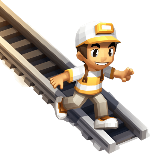 Single subway surfer character. Running upwards. Camera from right above.

Game Texture. In-Game asset. 2d. Pixelart. White background. Blank background. Low detail. High contrast.