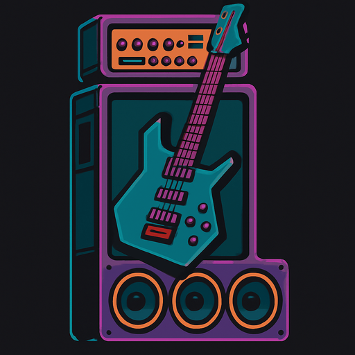 Torre de guitarra moderna, futurista con amplificacion..
In-Game asset.  2d.  High contrast.  No shadows