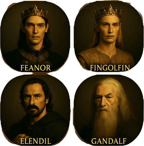 Feanor ve Fingolfin birer elf prensi buna layık olsunlar. Gandalfında şapkası yok. Çerçeve ve boyut vs değiştirmeden yeniden üret