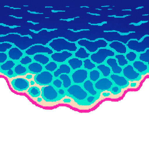 Top down view of a shallow wave water on a beach shore..80s arcade machine graphics. 

In-Game asset.  2d.  High contrast.  No shadows