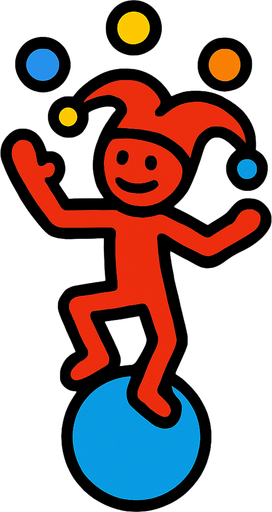 Red stickman that is a jester that is on a blue ball and is juggling.
In-Game asset.  2d.  High contrast.  No shadows