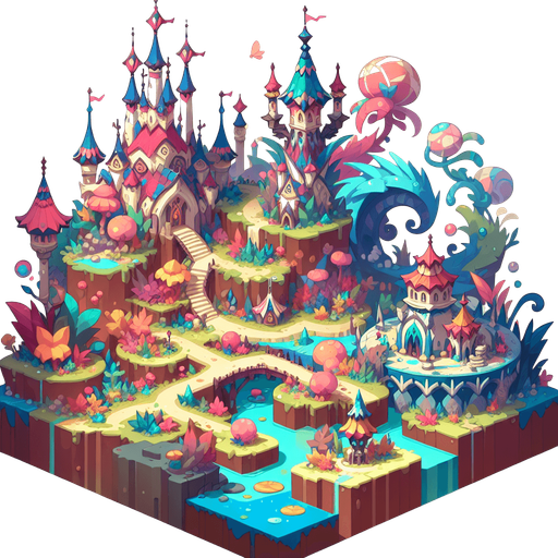 un monde féerique.
Single Game Texture. In-Game asset. 2d. Blank background. High contrast. No shadows.