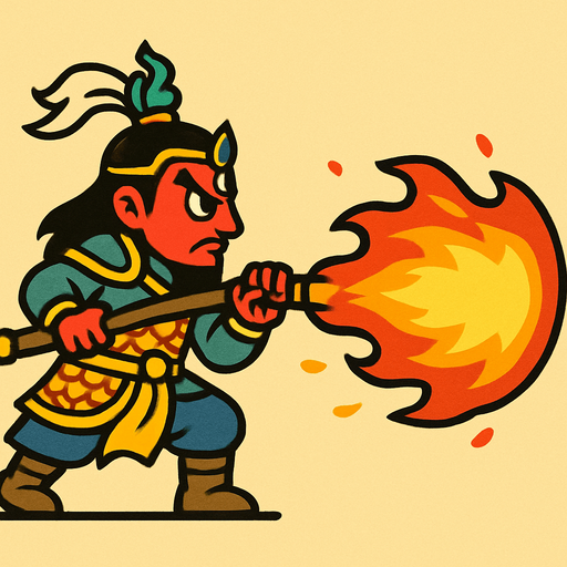 erlang shen. the sun wukong enemy. side scroller image. atack with fire 
In-Game asset.  2d.  High contrast.  No shadows