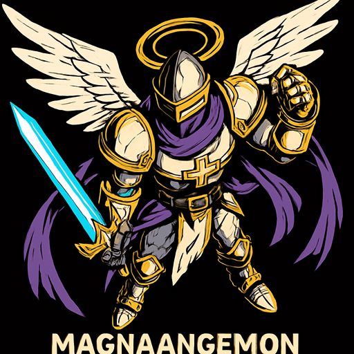 MagnaAngemon, visto desde arriba, calidad y detalles altamente épicos..
In-Game asset.  2d.  High contrast.  No shadows